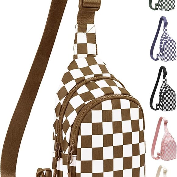 Chic Mocha Brown Checkered Sling Bag for Women - Lightweight and Versatile - Picture 1 of 7